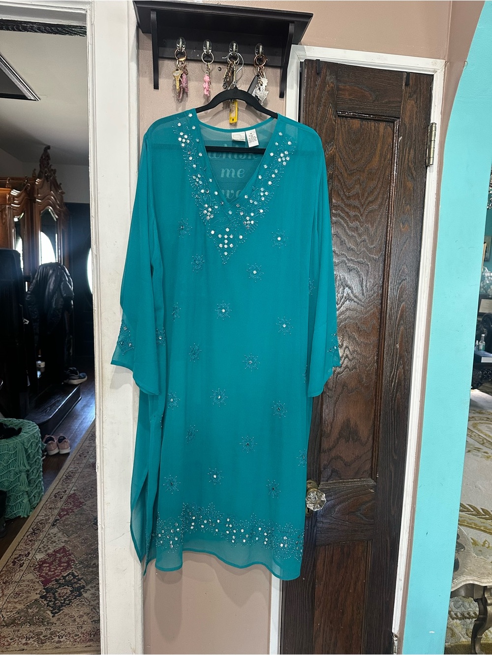 Roaman's Teal Embellished V-Neck Kaftan